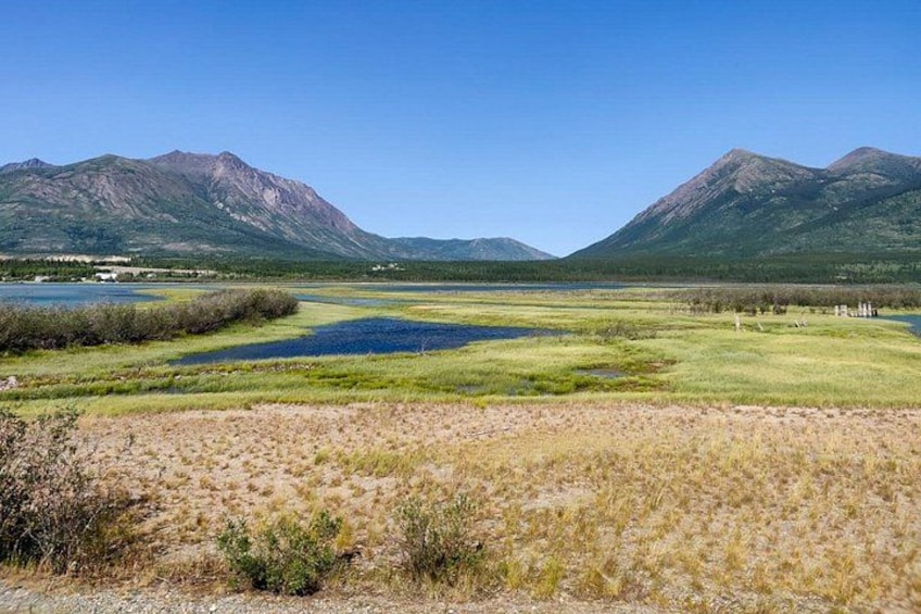 A lake surrounded by mountains, a grassy field, and a clear sky. 4