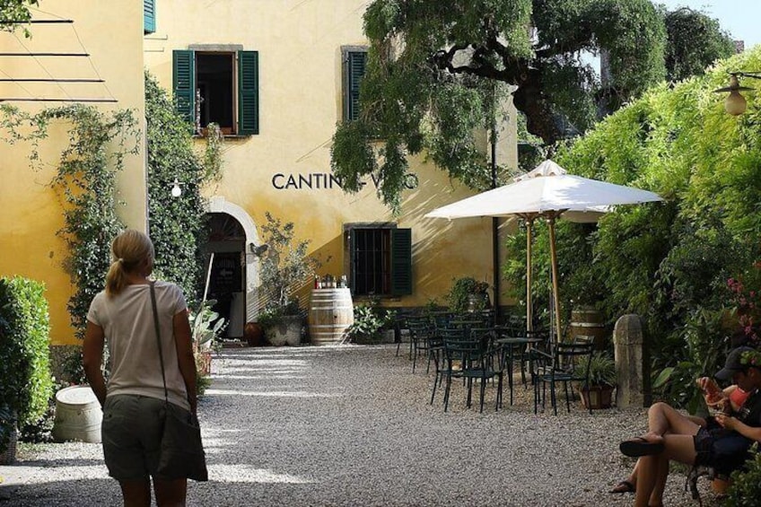 A courtyard with outdoor seating, a building labeled 'CANTINA,' and lush greenery. 4