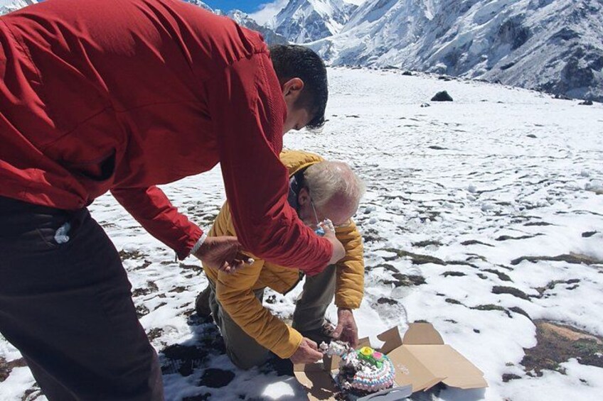 A person in a red jacket and another in a yellow jacket on a snowy mountain. 3