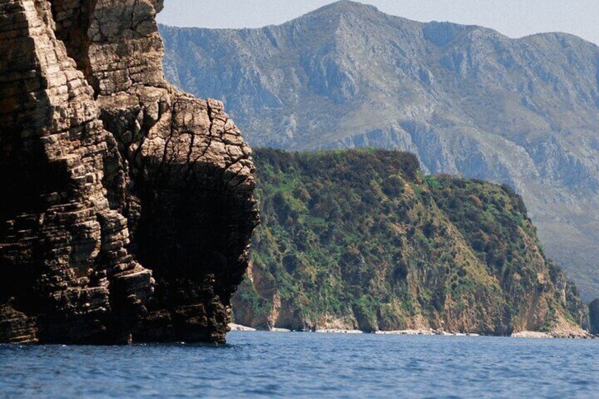 A rocky coastline with cliffs and a mountain range in the background. 2