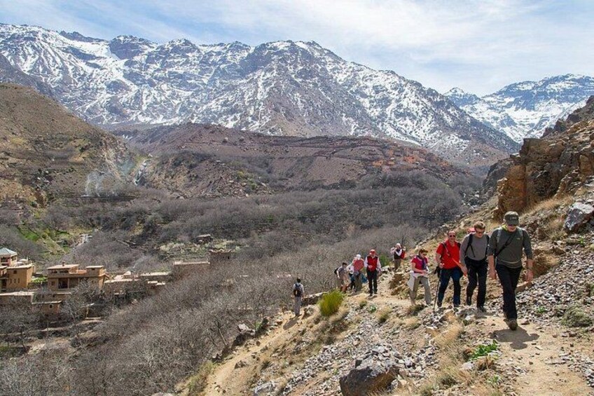 Un groupe de randonneurs sur un sentier de montagne, avec des sommets enneigés en arrière-plan. 1