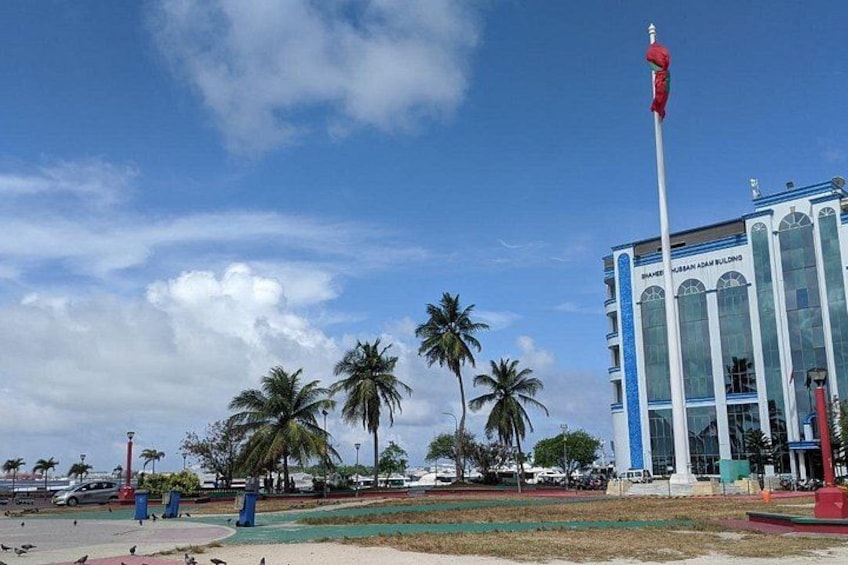 A clear blue sky, palm trees, and a building with a flag. 2