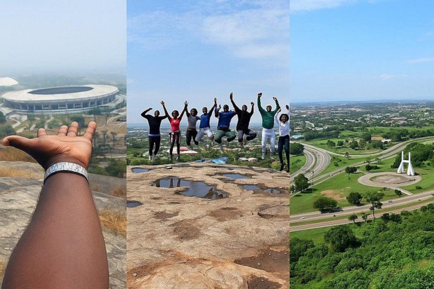 A hand, a group of people jumping, and a landscape with a monument. 3