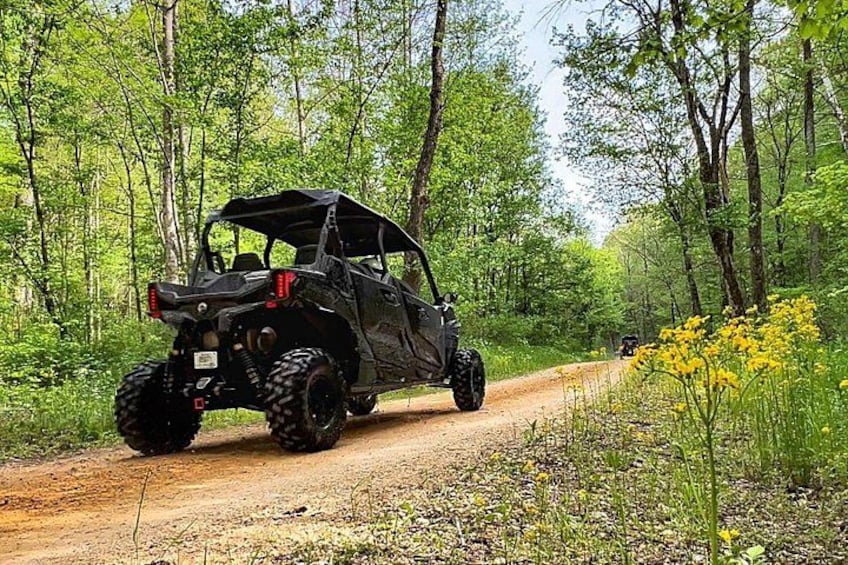 A black off-road vehicle on a dirt path in a forest. 2