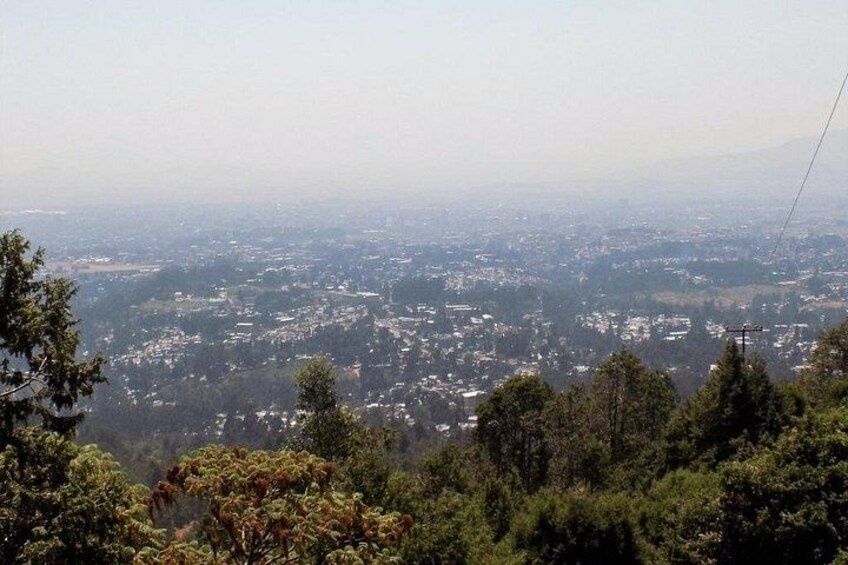Une vue sur une ville, prise depuis le sommet d’une colline, avec une forêt dense au premier plan. 1