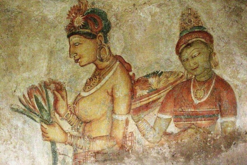 A fresco with two figures, one holding a fan and the other with a decorative headpiece. 3