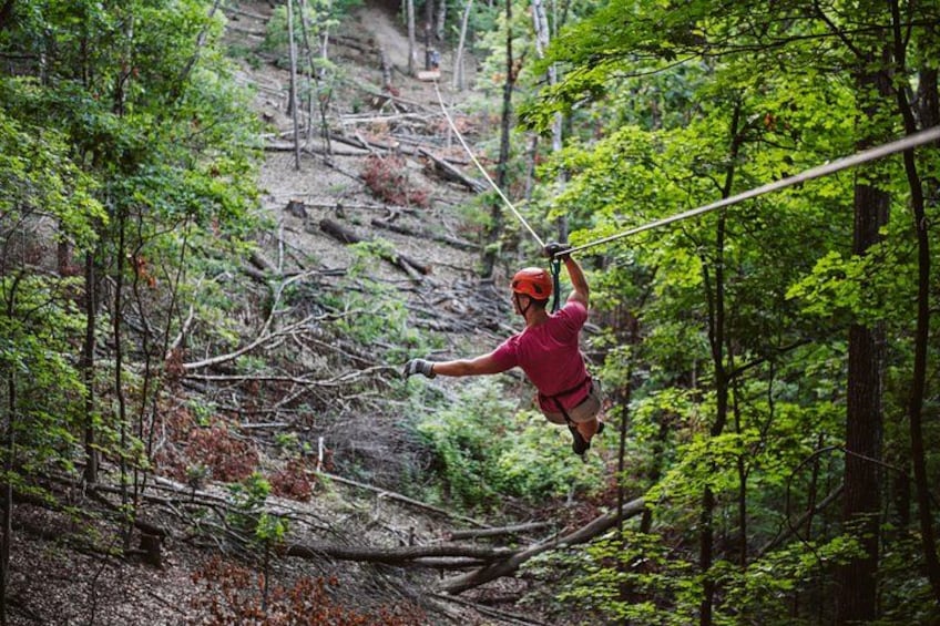 Une personne fait de la tyrolienne au-dessus d’une zone boisée, avec des arbres et un sentier de terre. 3
