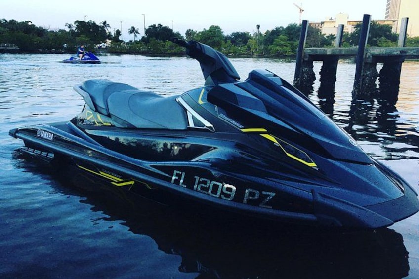 Un jet ski Yamaha negro con el número de registro FL 1209 PZ sobre aguas tranquilas. 5