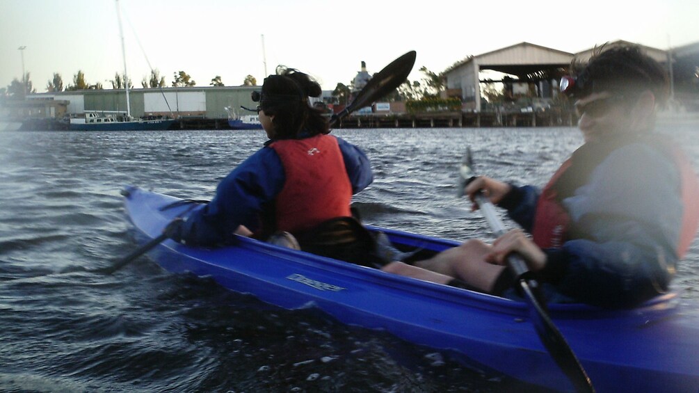 Couple paddle in kayak in harbor in Melbourne