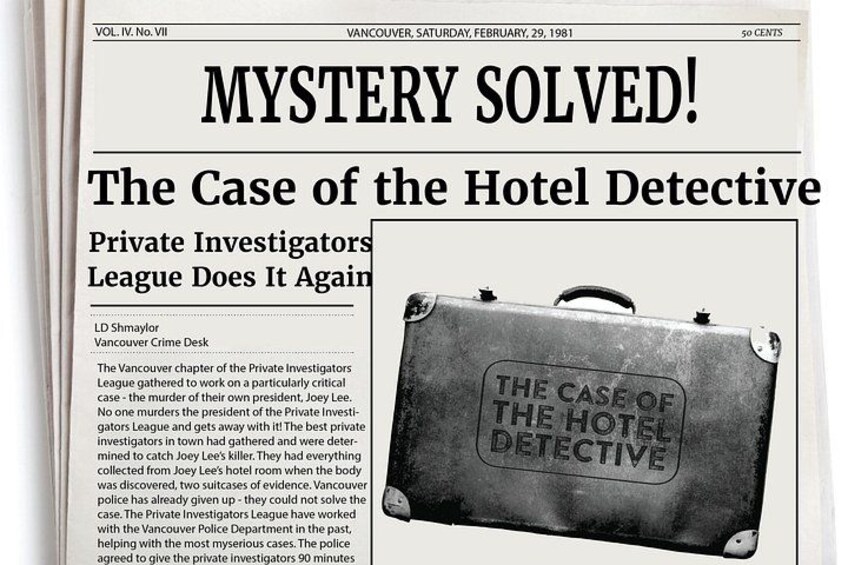 Un articolo di giornale intitolato 'MISTERO RISOLTO! Il Caso del Detective d'Albergo' con una valigia etichettata 'IL CASO DEL DETECTIVE D'ALBERGO'. 2