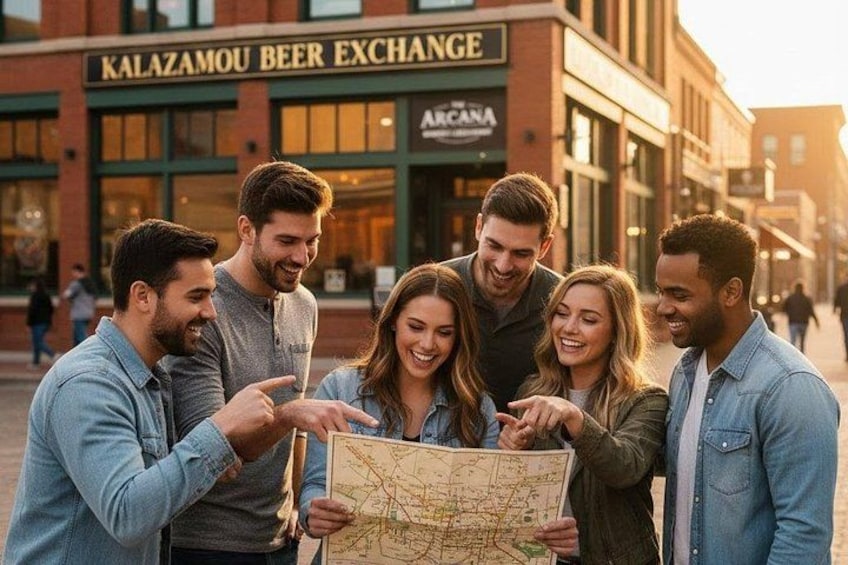 A group of people looking at a map in front of a building with a sign that reads 'KALAZAMOU BEER EXCHANGE'. 1