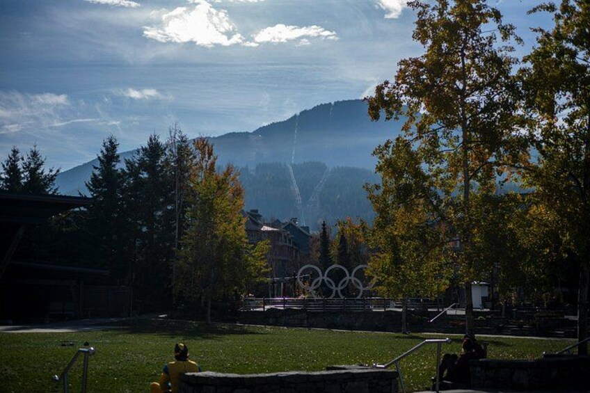 Ein Park mit Olympischen Ringen, Bäumen und Bergen im Hintergrund. 4