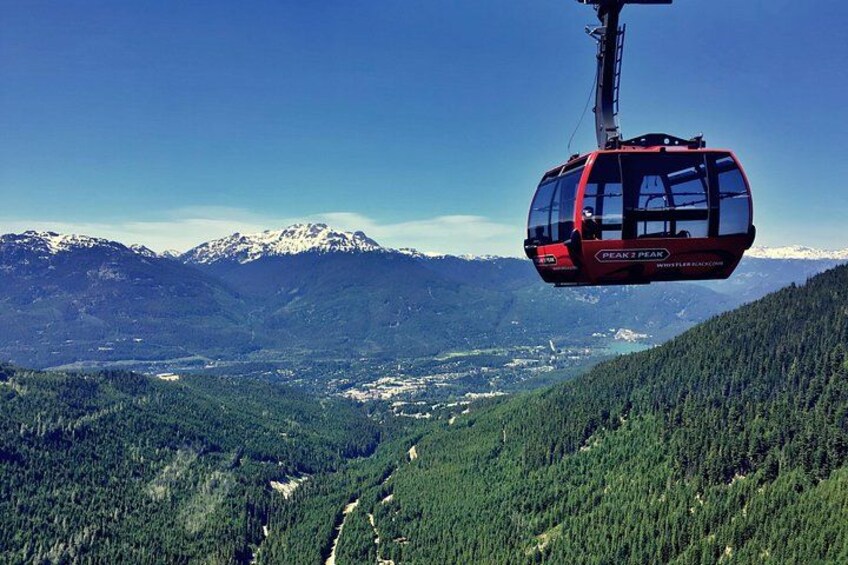 Eine Seilbahn mit dem Schriftzug 'PEAK 2 PEAK', die über eine gebirgige Landschaft mit dichten Wäldern und schneebedeckten Gipfeln im Hintergrund schwebt. 5
