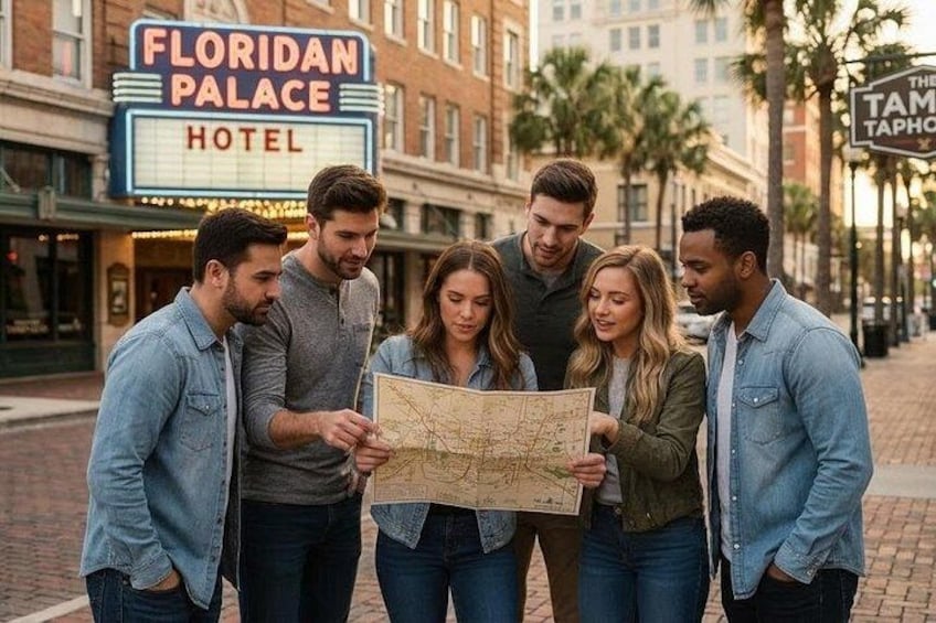 Un groupe de personnes est rassemblé devant l’hôtel Floridan Palace, en train d’examiner une carte. 4