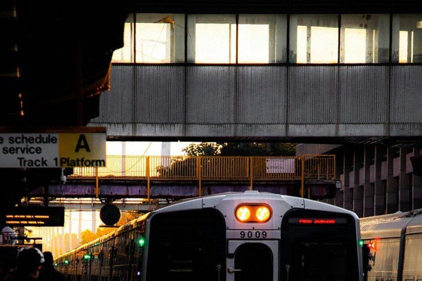 A bus with the number 9009 on a platform under a bridge. 2