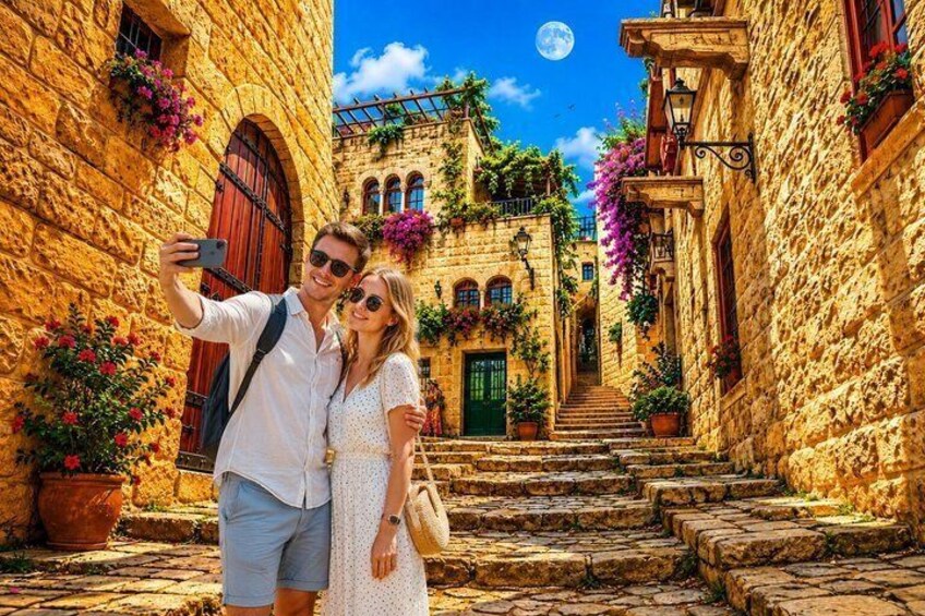 A couple taking a selfie in a narrow stone street with buildings adorned with flowers and a moon in the sky. 4