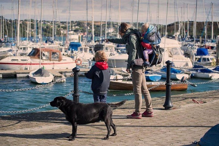 A dog standing on a dock with a person and a child nearby. 2