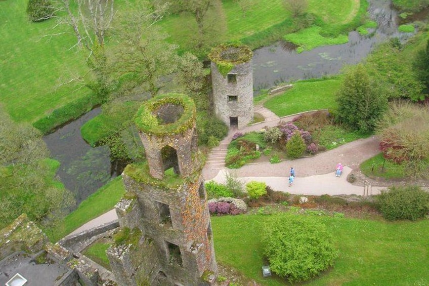 A ruined tower surrounded by lush greenery and a small stream. 4
