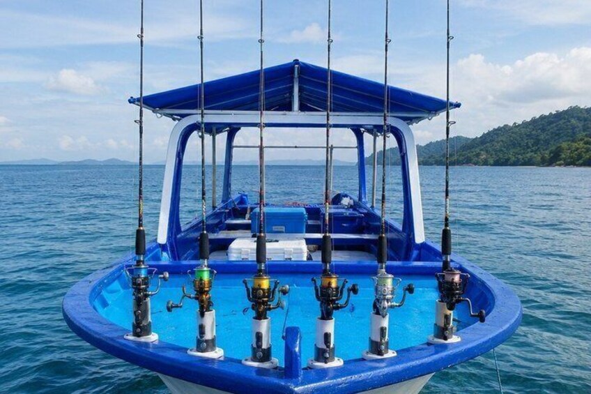 A blue fishing boat with multiple fishing rods on the water. 2