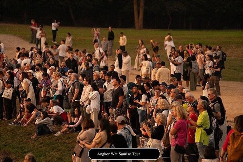A large crowd gathered in an open field, possibly for a tour or event. 3