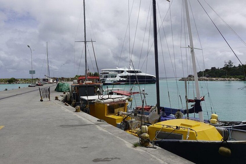A marina with several boats docked, a person on a sailboat, and a cloudy sky. 1