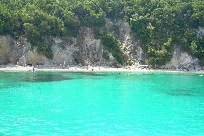 A turquoise sea, a sandy beach, and a forested cliff. 5