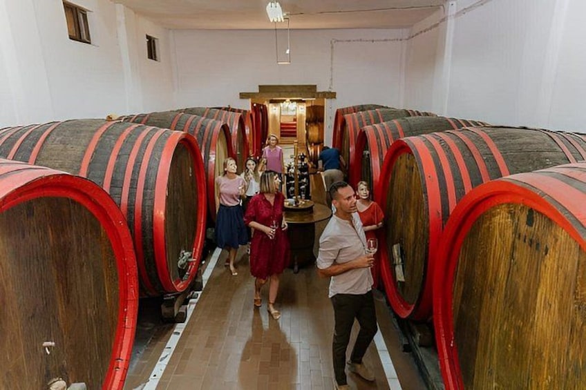 A wine cellar with wooden barrels and visitors. 5