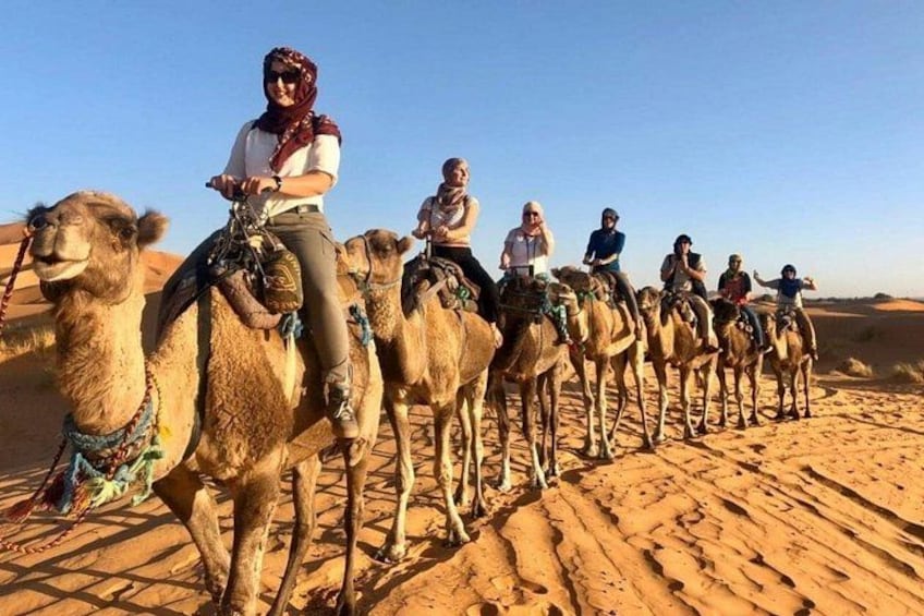 A group of people riding camels in a desert. 2