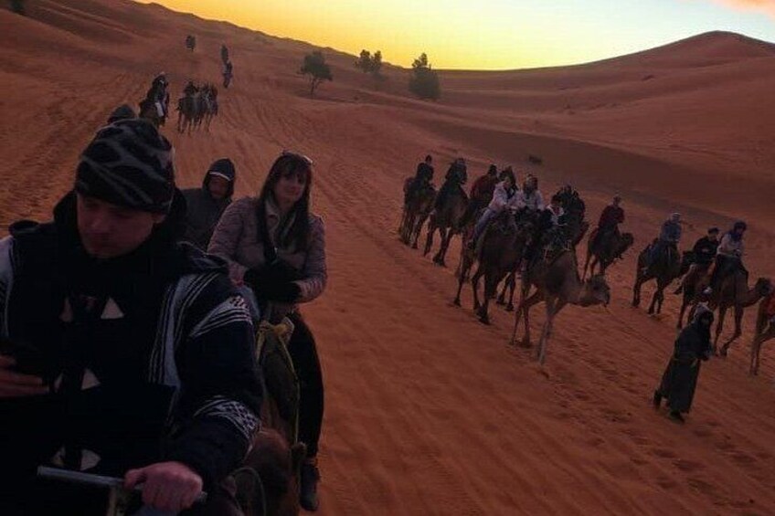 Un grupo de personas montando camellos en un paisaje desértico. 4