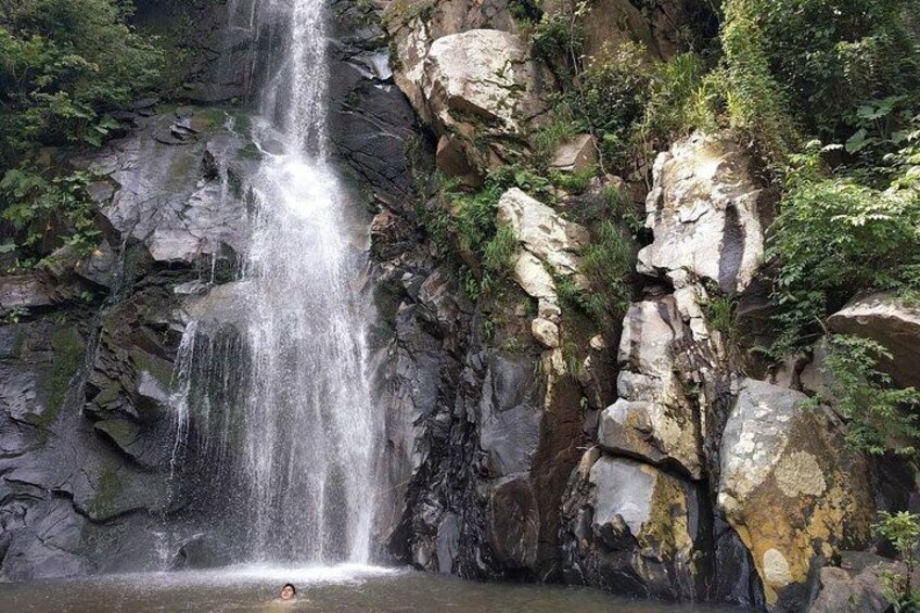 A waterfall cascading down a rocky cliff surrounded by greenery. 1