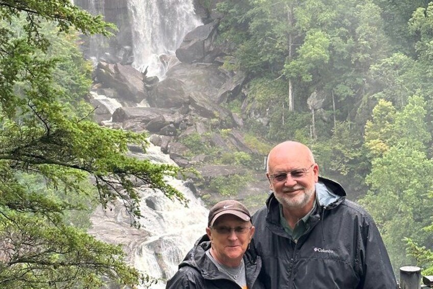 A waterfall with a forested background. 2
