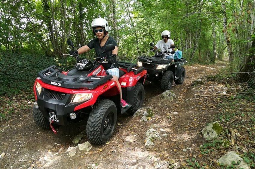 Two people on ATVs on a forest trail. 1