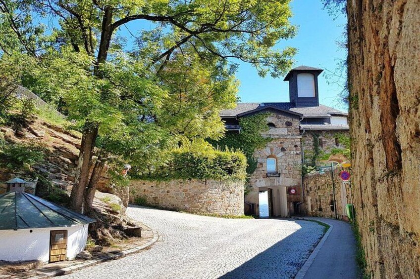 Una calle adoquinada, un edificio de piedra con una torre y un árbol. 2