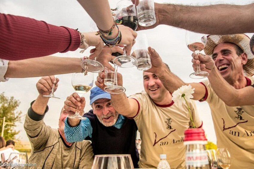 A group of people toasting with wine glasses. 2