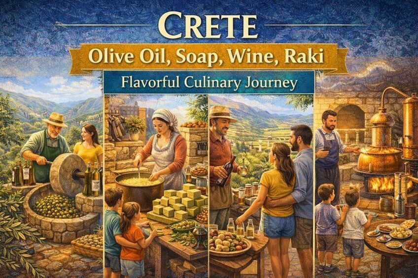 Ambiente rurale con produzione di olio d'oliva, una donna che cucina e persone che chiacchierano attorno a un tavolo imbandito. 1