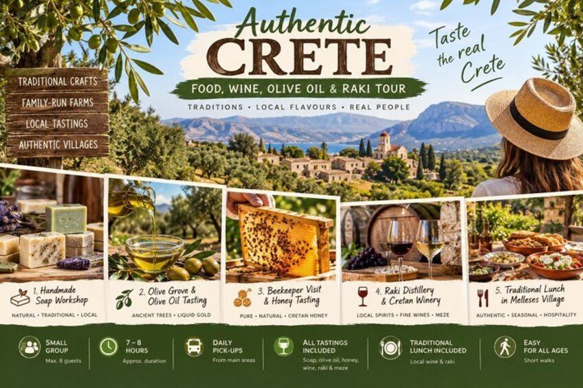 A travel brochure for Authentic Crete, featuring traditional crafts, family-run farms, local tastings, and authentic villages. 1