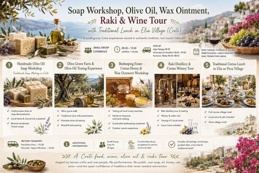 Un itinerario di viaggio per un laboratorio di sapone, una degustazione di olio d'oliva, un laboratorio di unguenti di cera, una visita a una distilleria di raki e un pranzo tradizionale cretese. 2