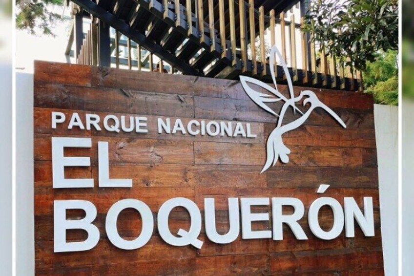 A wooden sign with 'PARQUE NACIONAL EL BOQUERÓN' and a bird silhouette. 1