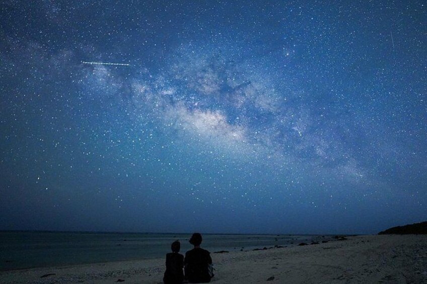 A starry night sky over a beach with two silhouetted figures. 1