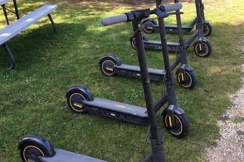 Tres patinetes eléctricos estacionados en un césped, con una mesa de picnic al fondo. 4