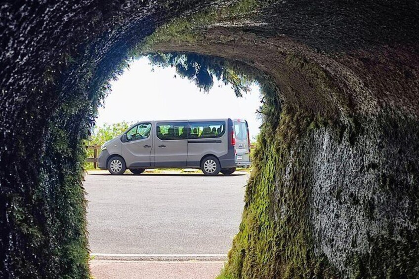 A car parked in a tunnel with moss-covered walls. 3