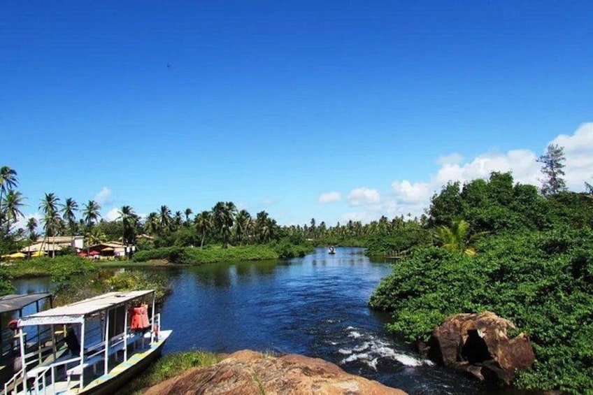 A river with a boat, lush greenery, and a rocky outcrop. 2