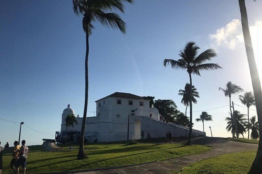 A white building with a dome, surrounded by palm trees and a clear sky. 5