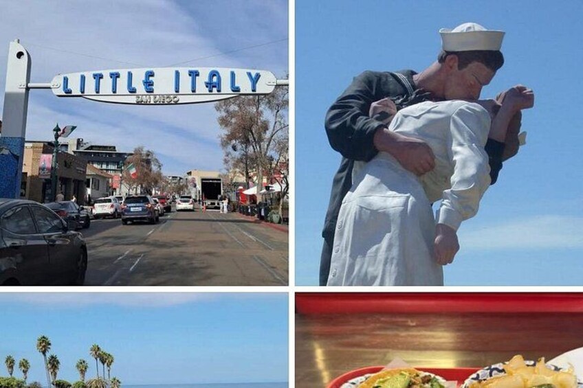 A street sign reading 'Little Italy,' a person in a sailor outfit, palm trees, and a dish of food. 1