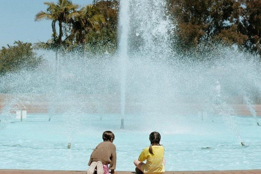A fountain with water jets, a pool, and palm trees in the background. 2