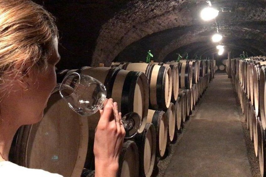 A person smelling wine in a cellar with rows of wooden barrels. 5