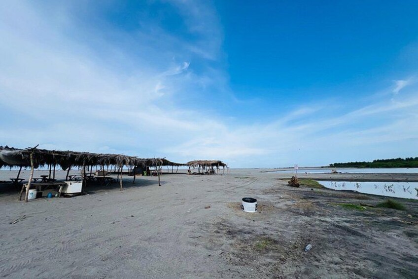 A beach with thatched-roof structures, a sandy shore, and a calm water body. 5