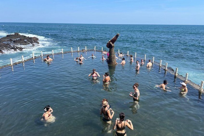 People swimming in a natural pool surrounded by a wooden fence. 4