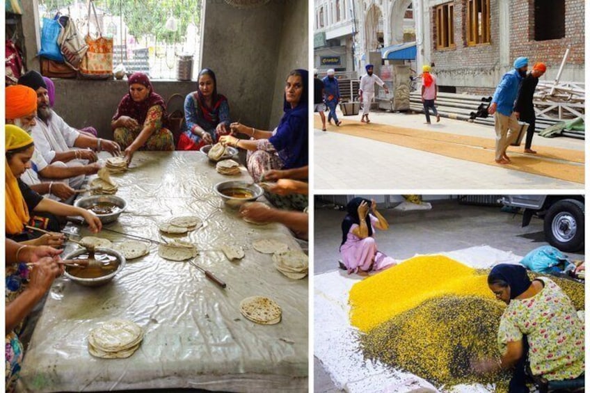 People preparing food, a street scene with pedestrians, and a yellow substance being handled. 2