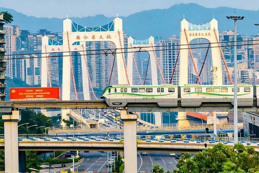 A train on an elevated track, a bridge, and a cityscape with buildings in the background. 1